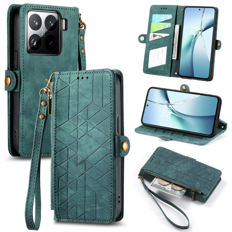 Geometric leather phone case wallet with zipper, side buckle and wrist strap, teal green