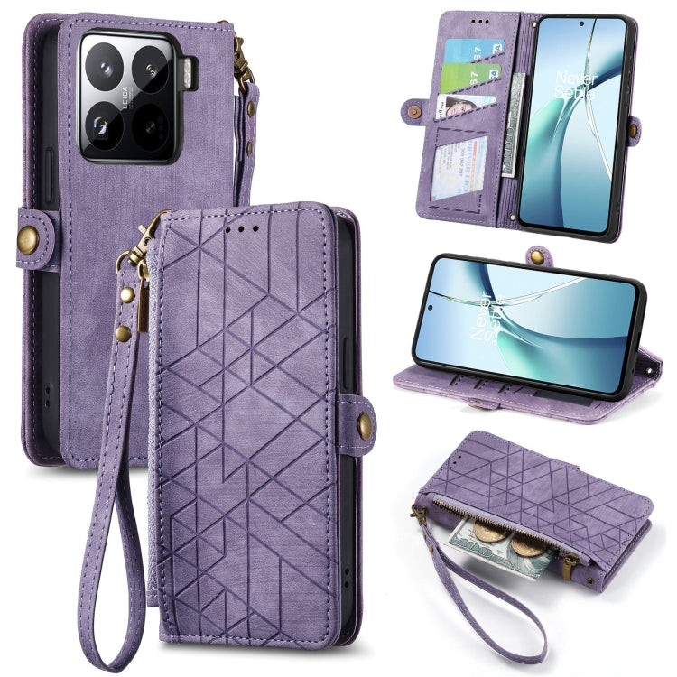 Geometric leather phone case wallet with zipper, side buckle and wrist strap, purple