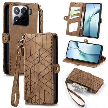 Brown geometric zipper wallet phone case with wrist strap and card slots