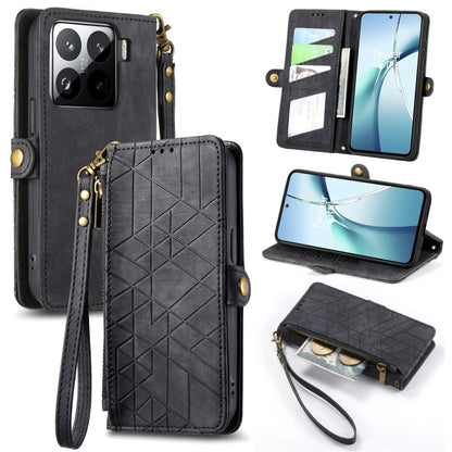 Black geometric zipper wallet phone case with wrist strap and card slots