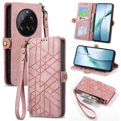 Pink leather phone wallet case with geometric embossing, side zipper, wrist strap