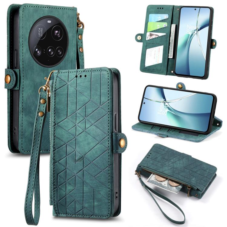 Teal green leather phone wallet case with geometric embossing, side zipper, wrist strap