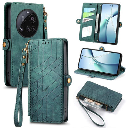 Teal green leather phone wallet case with geometric embossing, side zipper, wrist strap
