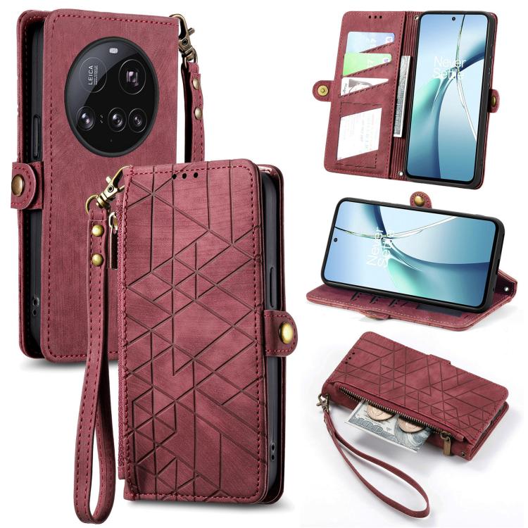 Burgundy leather phone wallet case with geometric embossing, side zipper, wrist strap