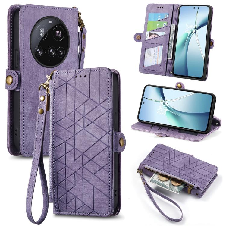 Purple leather phone wallet case with geometric embossing, side zipper, wrist strap