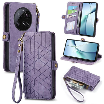 Purple leather phone wallet case with geometric embossing, side zipper, wrist strap