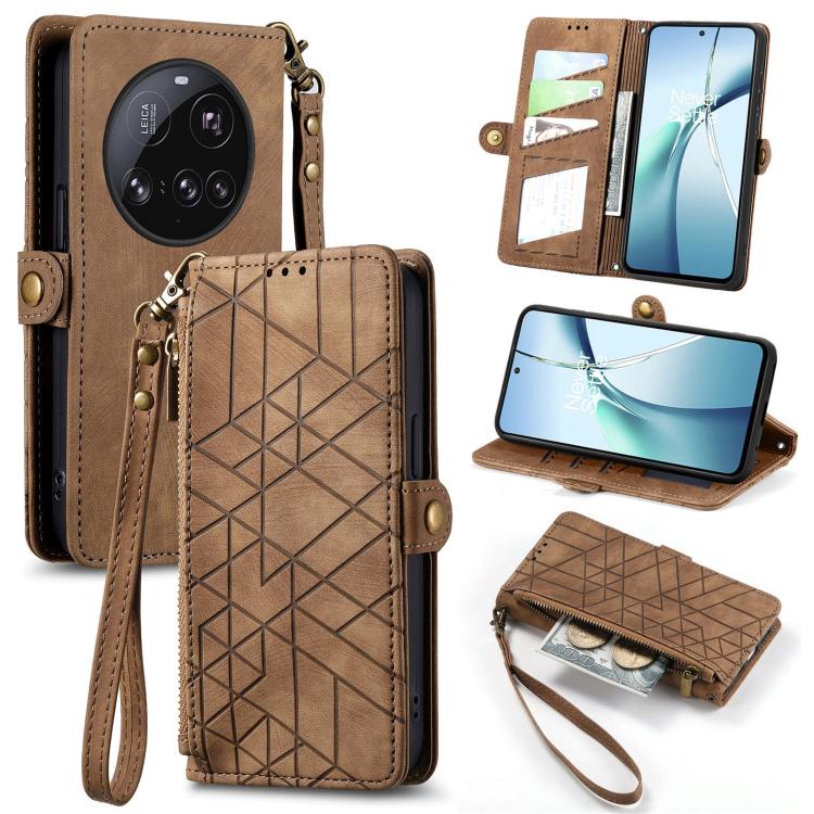 Tan leather phone wallet case with geometric embossing, side zipper, wrist strap