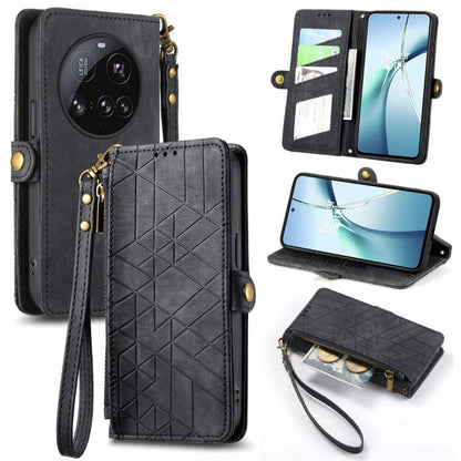 Dark gray leather phone wallet case with geometric embossing, side zipper, wrist strap