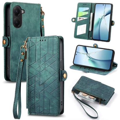 Green leather phone case wallet with geometric pattern, zipper, side buckle and wrist strap