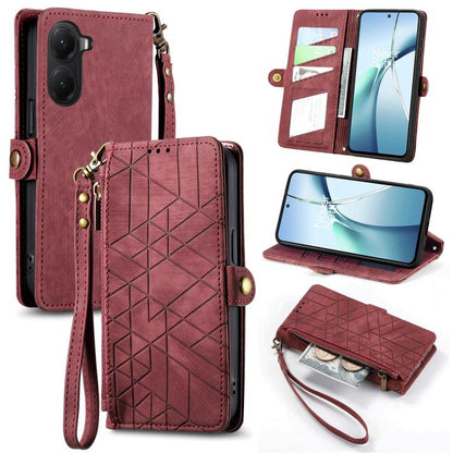 Pink leather phone case wallet with geometric pattern, zipper, side buckle and wrist strap