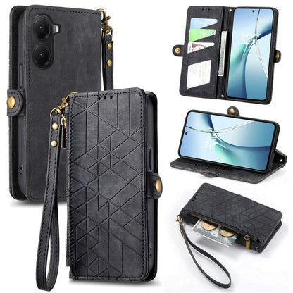 Black leather phone case wallet with geometric pattern, zipper, side buckle and wrist strap