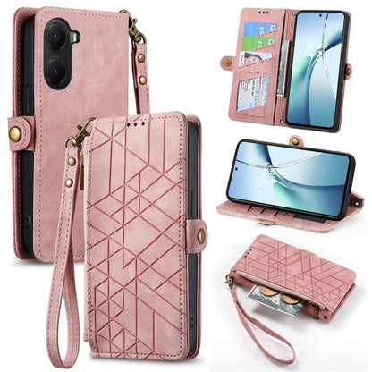 Light pink leather phone wallet case with geometric embossing, side zipper, wrist strap