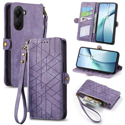 Purple leather phone case wallet with geometric pattern, zipper, side buckle and wrist strap