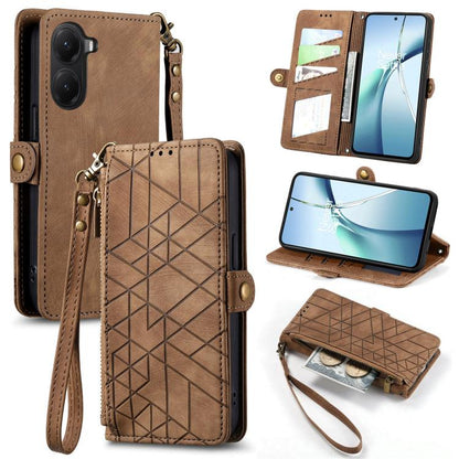 Brown leather phone case wallet with geometric pattern, zipper, side buckle and wrist strap