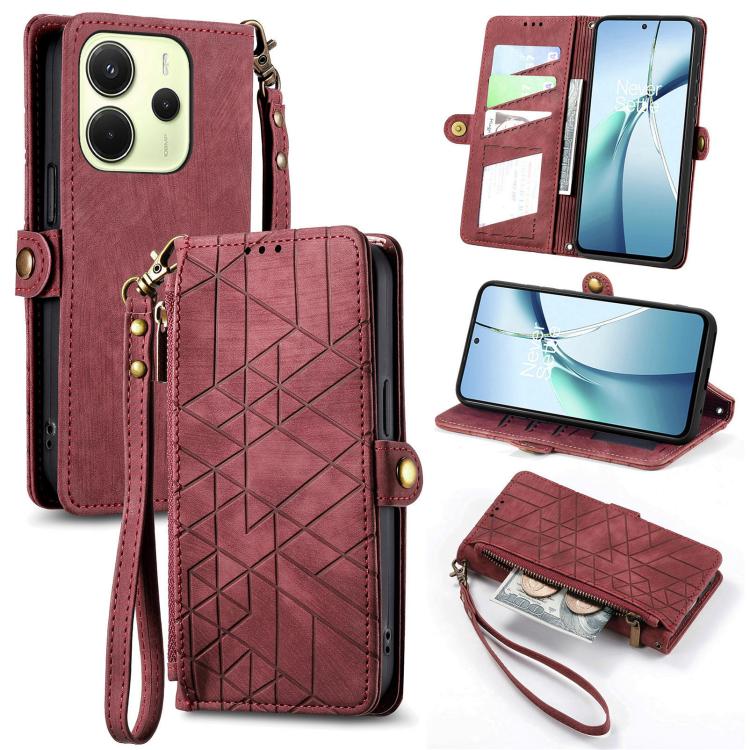 Geometric zipper wallet phone case with side buckle, maroon leather-look design