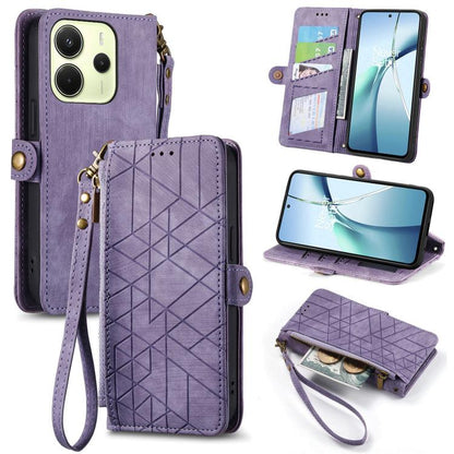 Geometric zipper wallet phone case with side buckle, lavender leather-look design