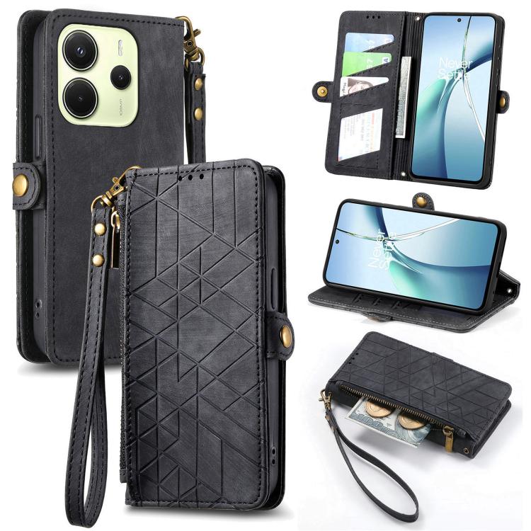 Black leather phone wallet case with geometric embossing, side zipper, wrist strap