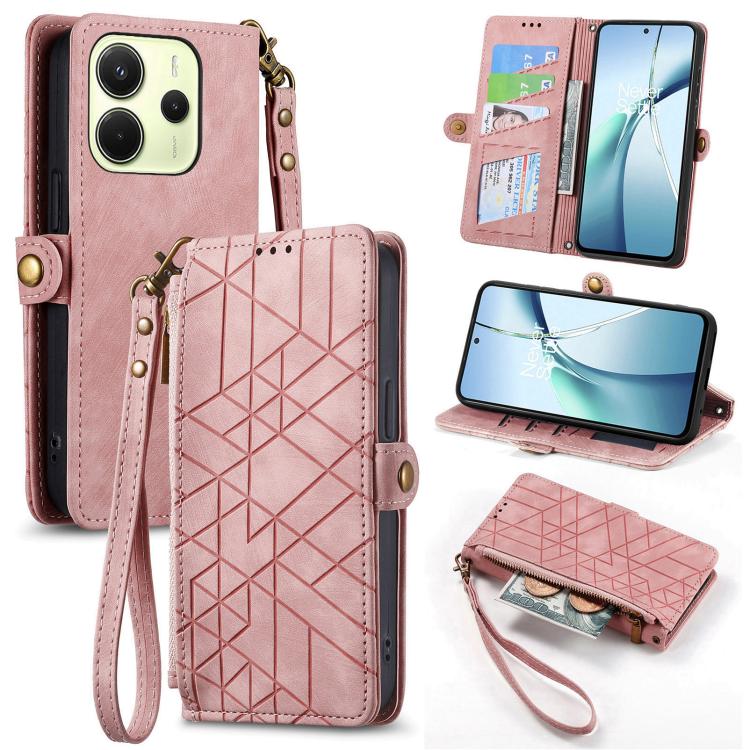 Geometric leather phone case wallet with zipper, side buckle and wrist strap, pink