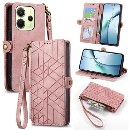 Geometric leather phone case wallet with zipper, side buckle and wrist strap, pink