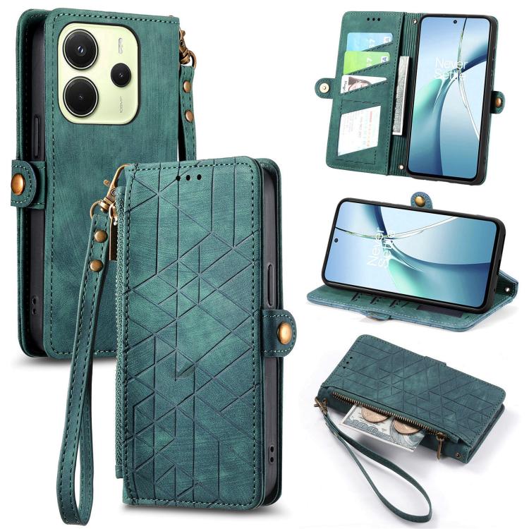 Geometric leather phone case wallet with zipper, side buckle and wrist strap, teal green