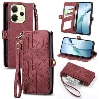 Geometric leather phone case wallet with zipper, side buckle and wrist strap, maroon red