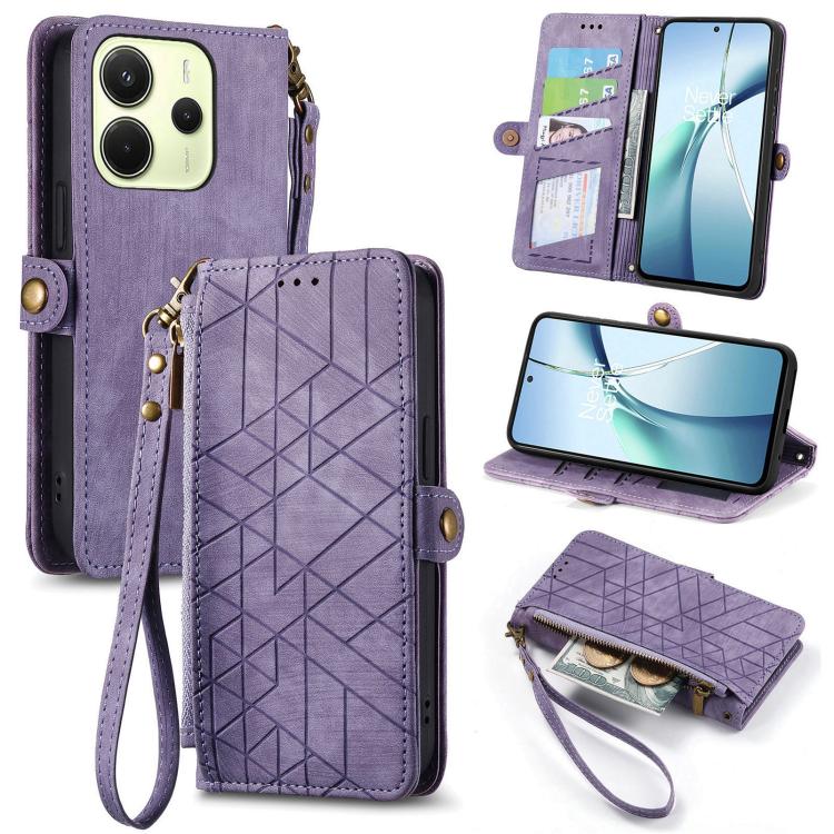 Geometric leather phone case wallet with zipper, side buckle and wrist strap, purple