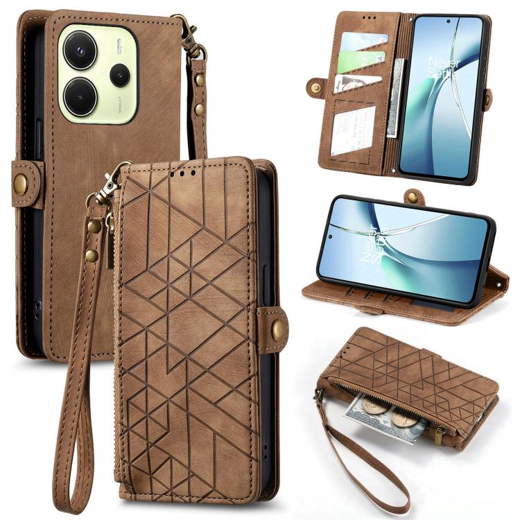 Geometric leather phone case wallet with zipper, side buckle and wrist strap, brown