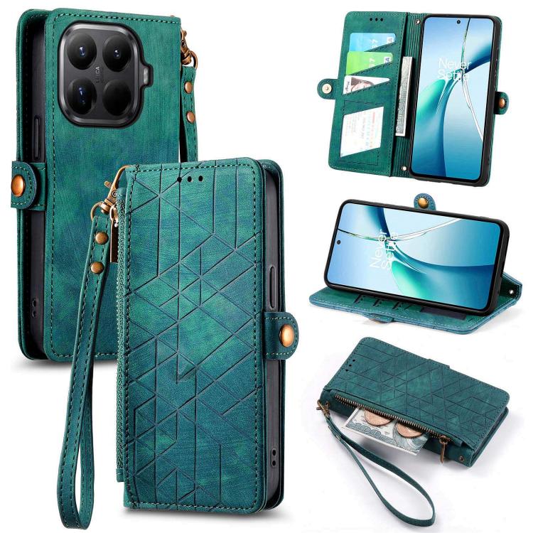 Green geometric zipper leather phone case wallet with wrist strap and card slots