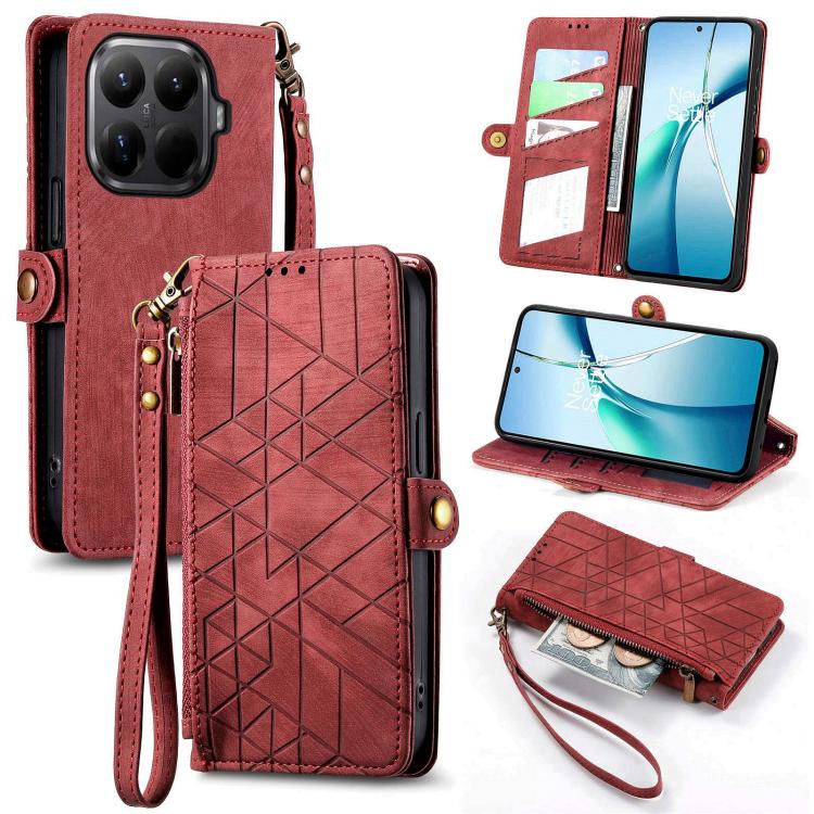 Red geometric zipper leather phone case wallet with wrist strap and card slots
