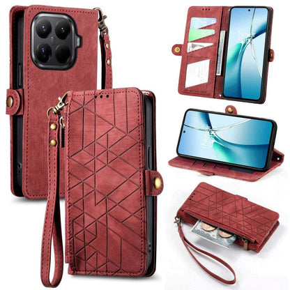 Red geometric zipper leather phone case wallet with wrist strap and card slots