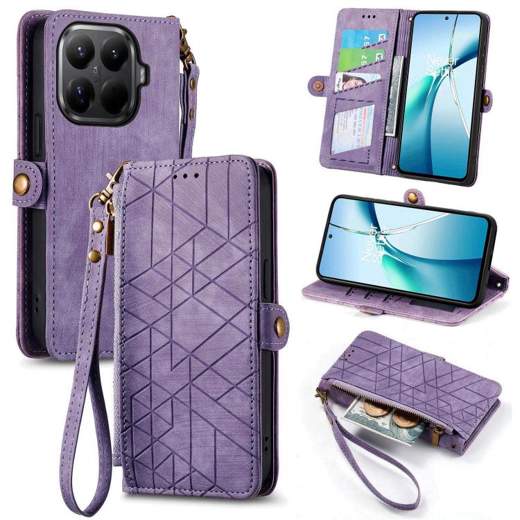 Lavender purple geometric zipper leather phone case wallet with wrist strap and card slots