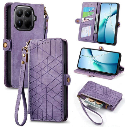 Lavender purple geometric zipper leather phone case wallet with wrist strap and card slots