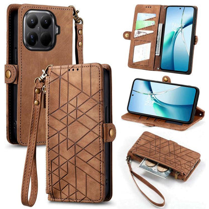 Tan brown geometric zipper leather phone case wallet with wrist strap and card slots