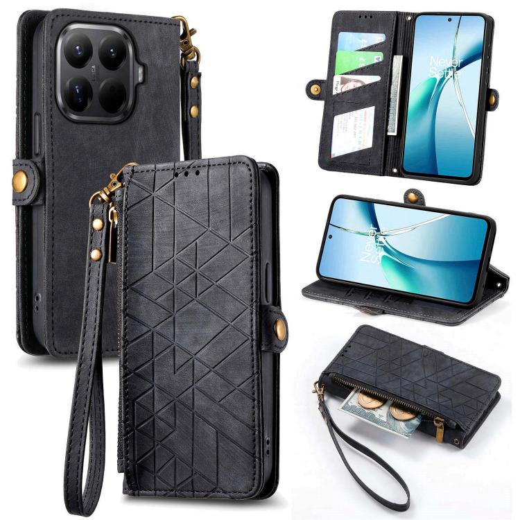 Charcoal black geometric zipper leather phone case wallet with wrist strap and card slots