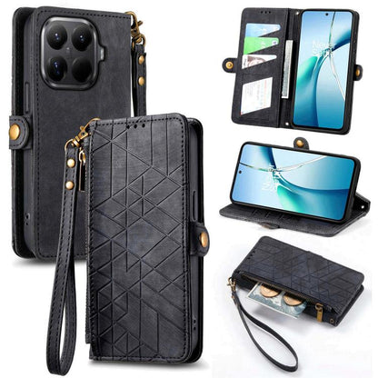 Charcoal black geometric zipper leather phone case wallet with wrist strap and card slots