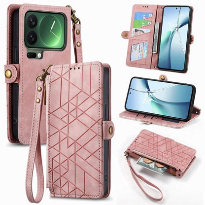 Pink leather phone case with geometric pattern, zipper wallet flap, and wrist strap