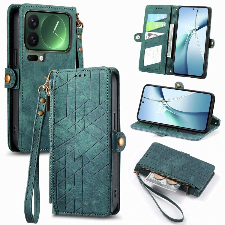 Green leather phone case with geometric pattern, zipper wallet flap, and wrist strap
