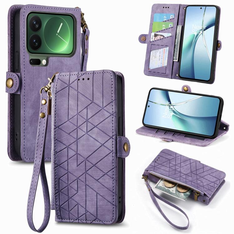Purple leather phone case with geometric pattern, zipper wallet flap, and wrist strap