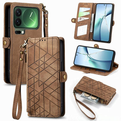 Brown leather phone case with geometric pattern, zipper wallet flap, and wrist strap