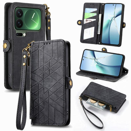Black leather phone case with geometric pattern, zipper wallet flap, and wrist strap