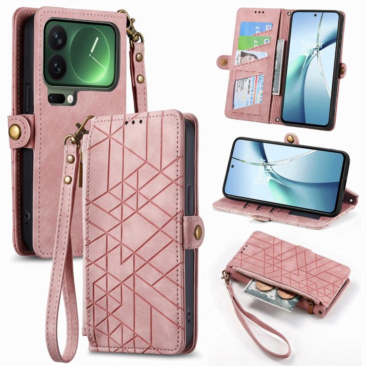 Pink geometric zipper wallet phone case with wrist strap and card slot cover
