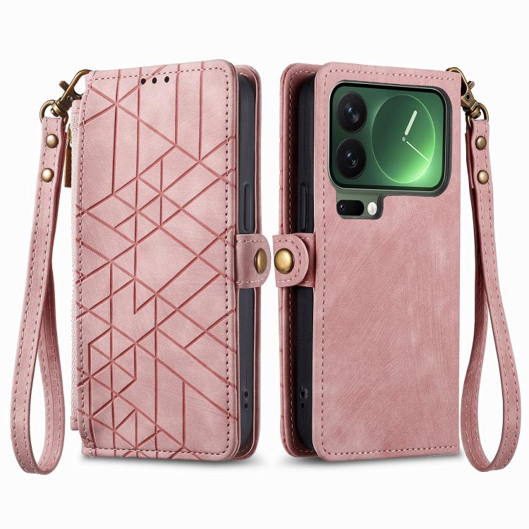 Pink geometric zipper wallet phone case with wrist strap, front magnetic closure