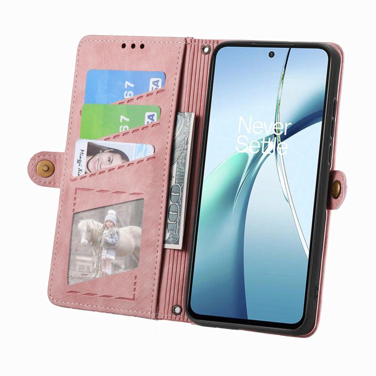 Pink geometric zipper wallet phone case with card slots and wrist strap