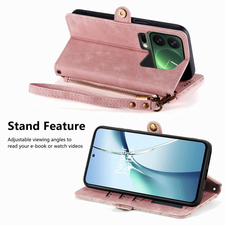 Pink geometric zipper wallet phone case with wrist strap and stand feature