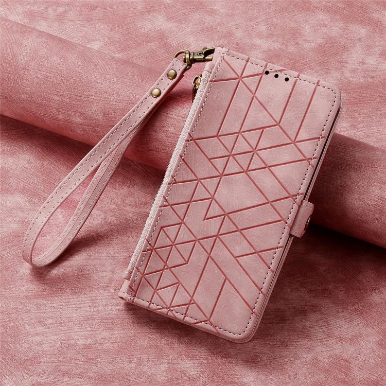 Pink geometric zipper wallet phone case with stitched geometric front panel
