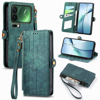 Green geometric zipper wallet phone case with wrist strap and card holder