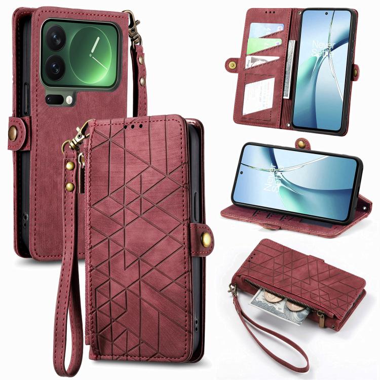 Red geometric zipper wallet phone case with wrist strap and card slot cover