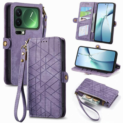 Purple geometric zipper wallet phone case with wrist strap and card holder