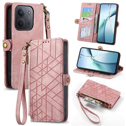 Geometric zipper wallet phone case in light pink leather with wrist strap and card slots
