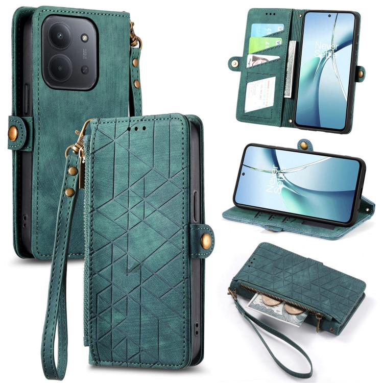 Geometric zipper wallet phone case in teal green leather with wrist strap and card slots